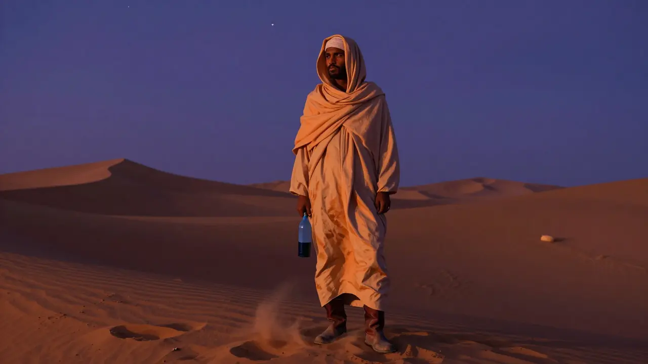 Personne drapée dans un burnous traditionnel au coucher du soleil dans le désert, les premières étoiles apparaissent.