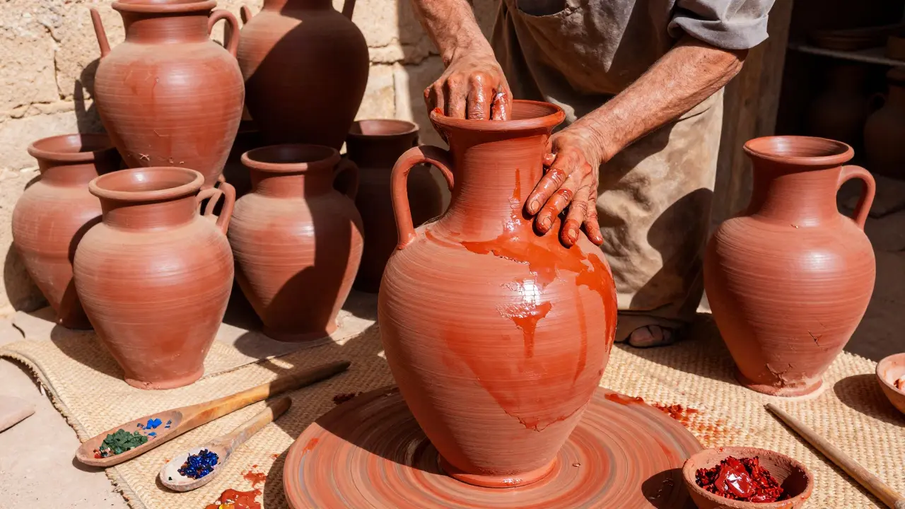 Potier algérien façonnant une jarre gherfa en argile rouge, sans tour, sous le soleil du désert.