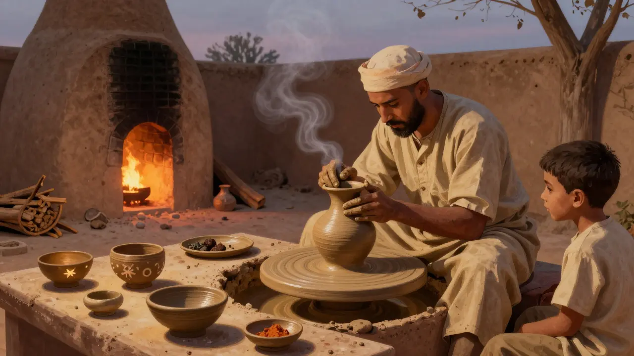 Potier algérien façonnant une poterie à la main dans le village de Sidi Moussa, sous un ciel crépusculaire.