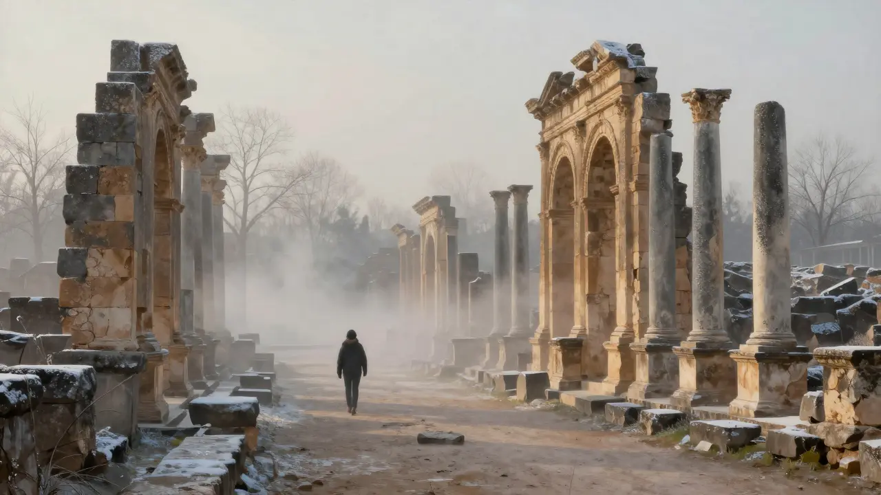 Ruines romaines de Djémila en hiver, silencieuses et brumeuses, sans touristes.