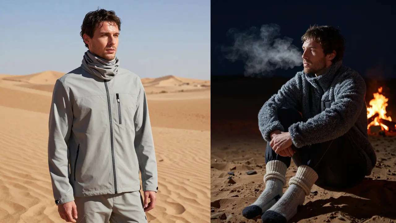 Scène divisée montrant la chaleur du jour et le froid de la nuit dans le Sahara, avec le même voyageur habillé différemment.