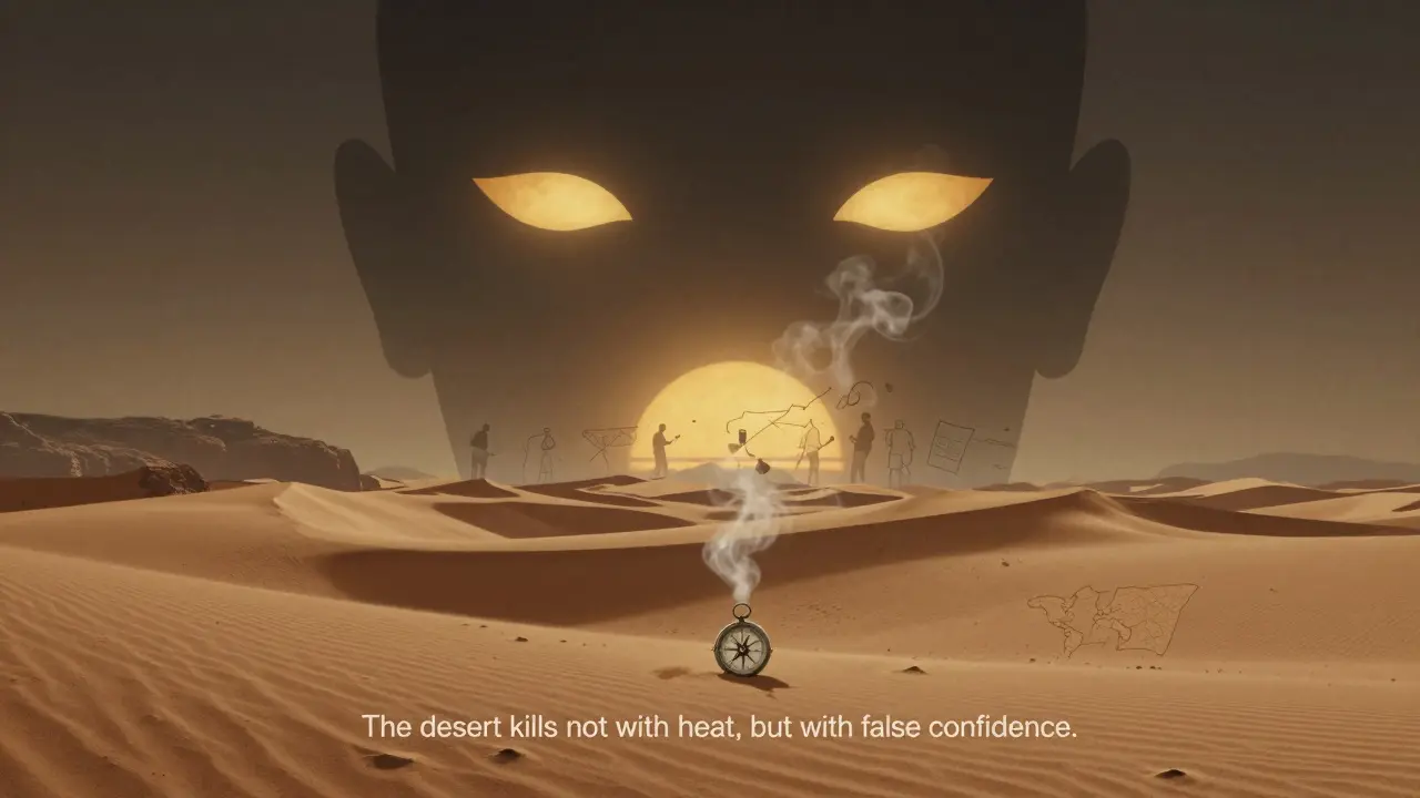 Silhouette géante du désert sous forme de visage humain, avec des silhouettes de voyageurs disparus s'élevant comme de la fumée.