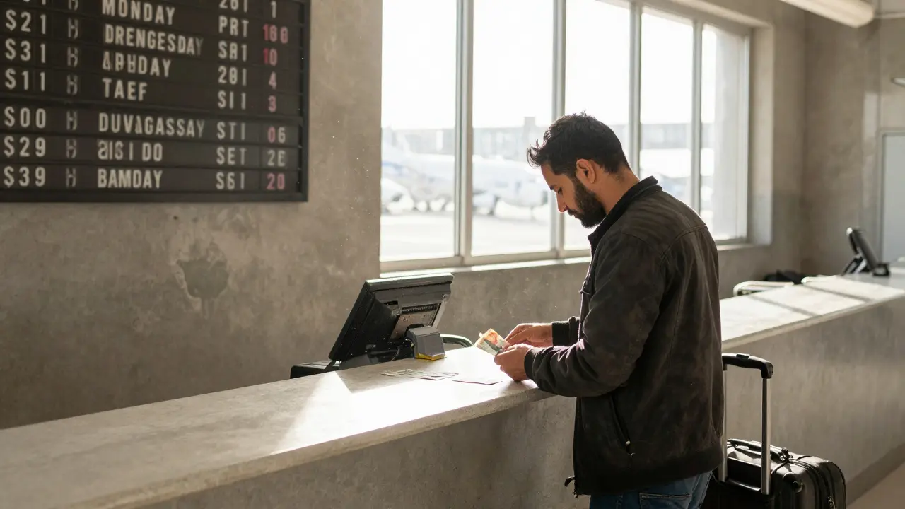Terminal de l'aéroport de Djanet, voyageur échangeant des dinars algériens à un comptoir.