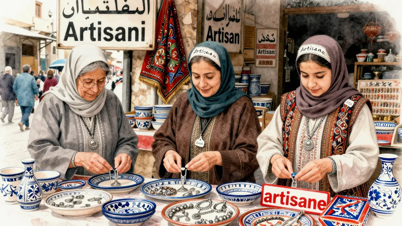 Trois générations de femmes exposant des céramiques et bijoux dans un souk, étiquettes avec leurs noms, signal officiel ignorant leur présence.