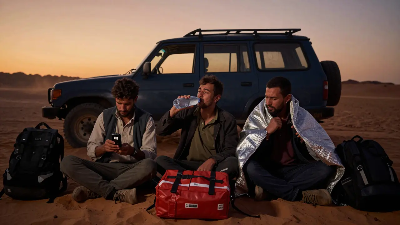 Trois survivants dans le désert utilisant un dispositif satellite et une couverture thermique au coucher du soleil.