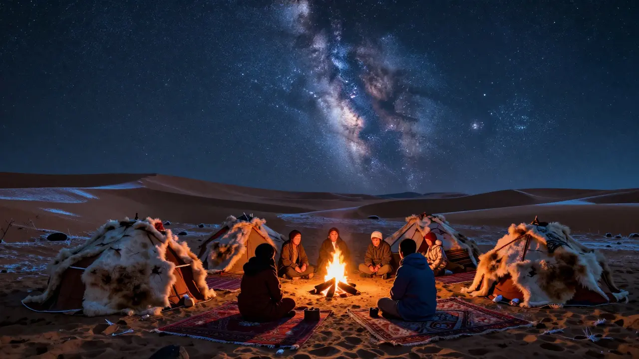Un camp berbère la nuit en hiver, avec des couvertures en laine, un feu doux et une Voie lactée éclatante au-dessus des dunes gelées.