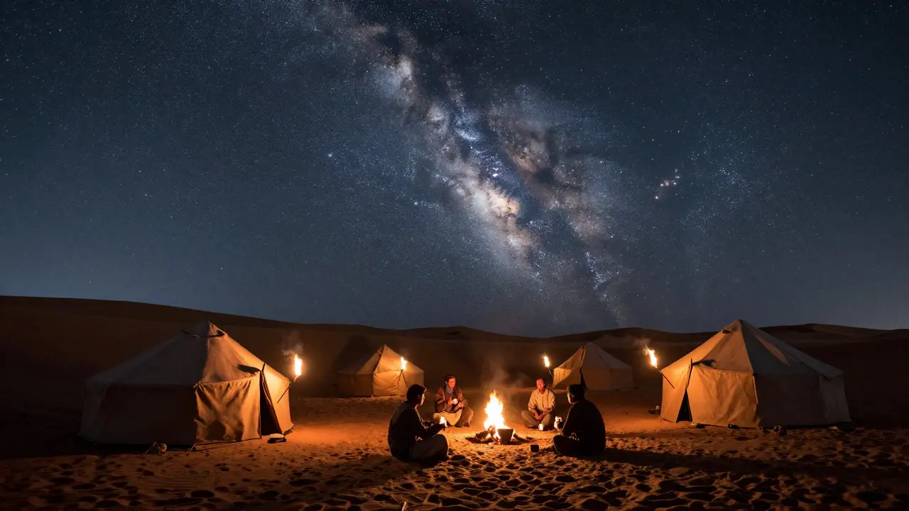 Un campement berbère sous un ciel étoilé éclatant, avec des tentes et des flammes de torche.