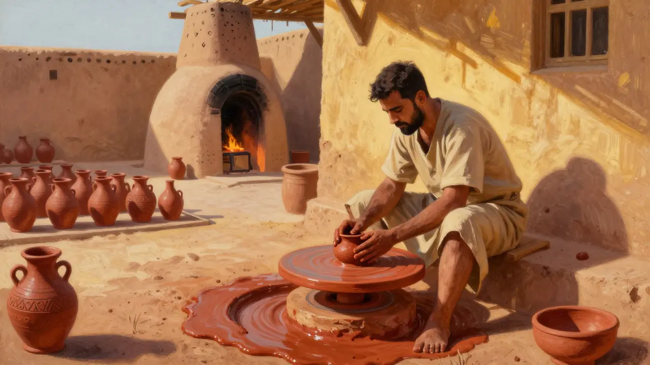 Un potier de Ghardaïa façonne de l'argile rouge sous un soleil brûlant, entouré de jarres séchant au soleil.