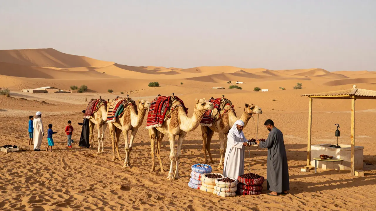 Une caravane de chameaux arrive à Timimoune en octobre, avec des marchands, des enfants et des tapis artisanaux sous la lumière dorée.