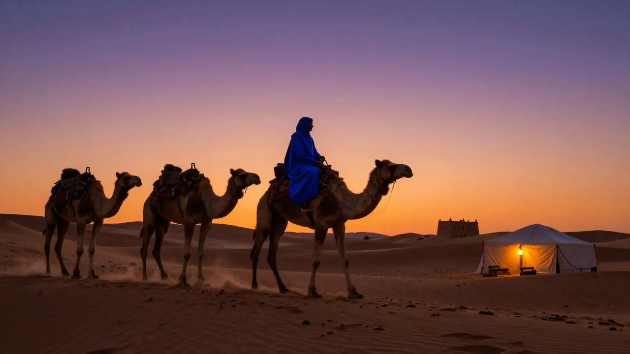 Une caravane de chameaux traverse les dunes de Merzouga au coucher du soleil, sous un ciel coloré.