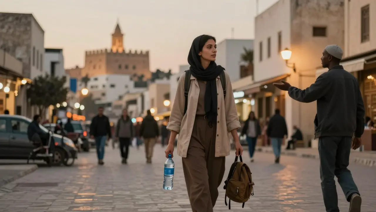 Une femme voyageuse marche avec confiance dans les rues d'Alger, la Casbah en arrière-plan, dans une atmosphère paisible.