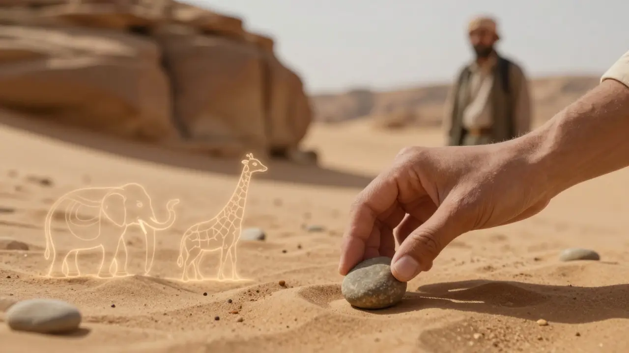 Une main remet une pierre au sol, tandis que des gravures anciennes apparaissent doucement dans la roche.