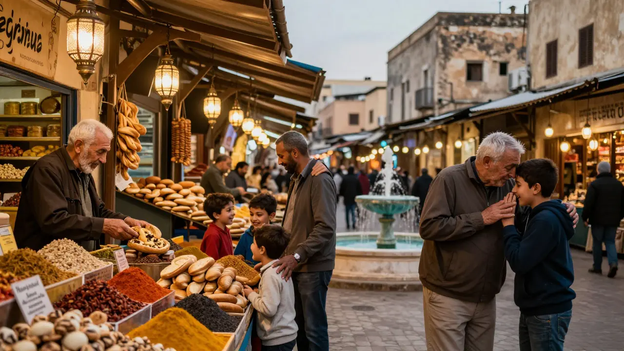 Une scène animée d'un marché algérien à la tombée de la nuit, avec des gens qui interagissent chaleureusement, sans aucun texte.
