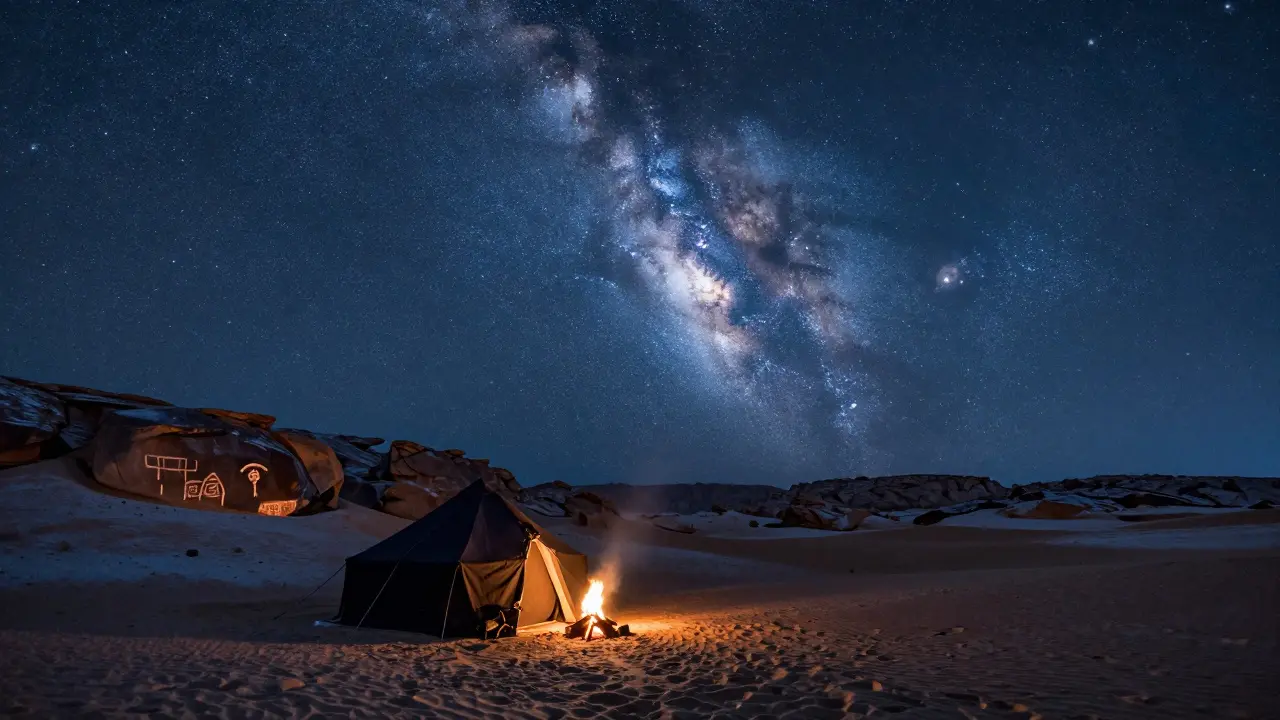 Une tente berbère sous un ciel étoilé en hiver dans le Tassili n'Ajjer, avec des peintures rupestres.