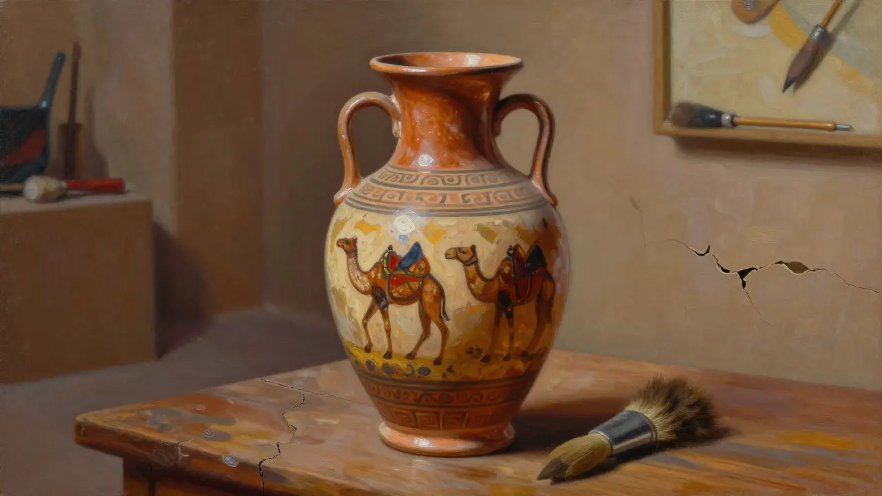 Vase en céramique de Kairouan avec un motif unique de caravane disparue.