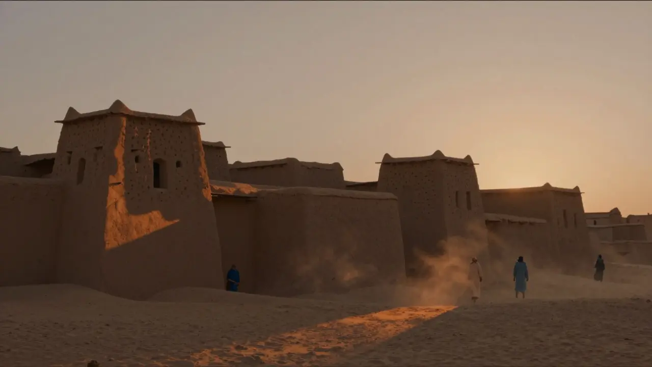 Village en pisé à Reggane au crépuscule, habitants sortant après la chaleur du jour.