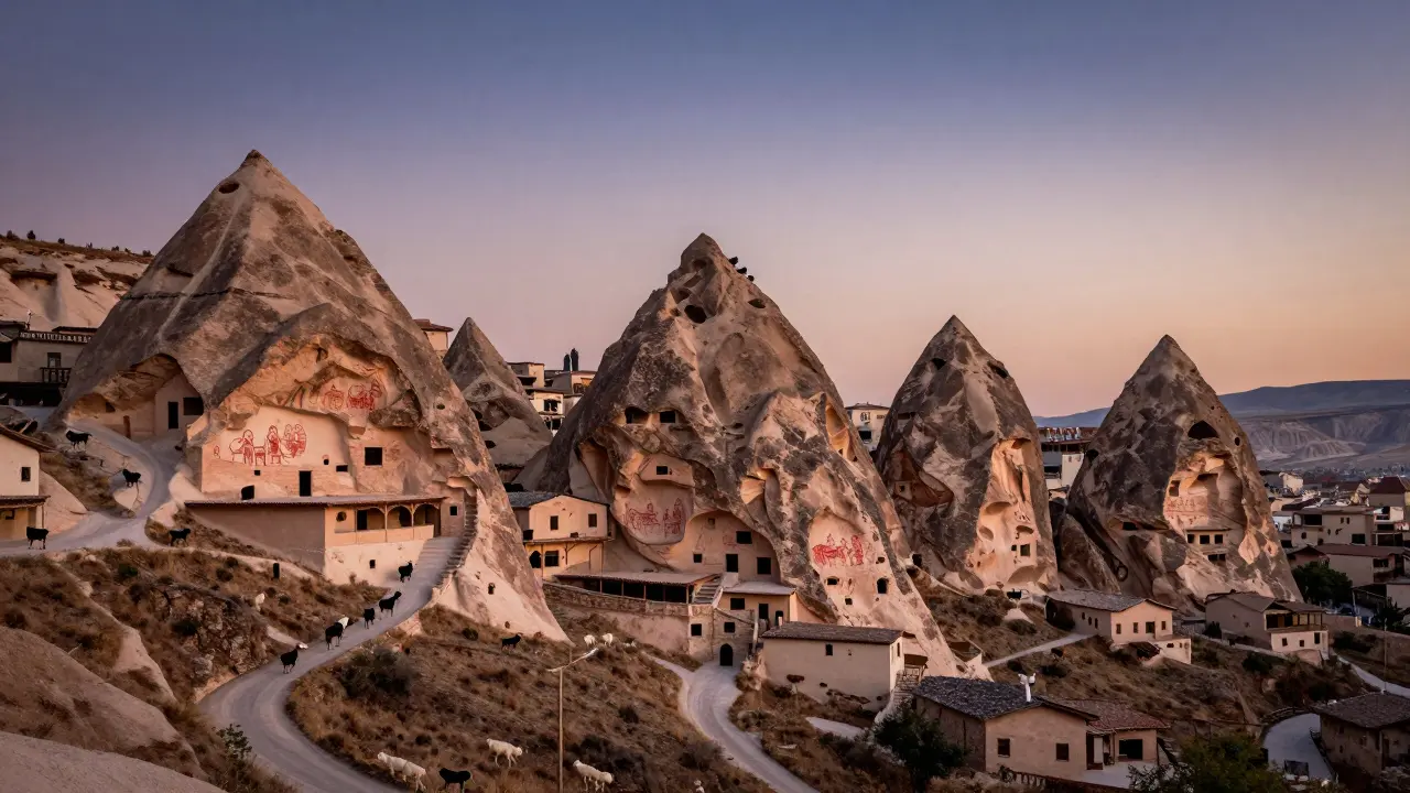 Vue panoramique des cinq villes du Pentapole Mozabite au lever du jour, intégrées aux falaises de pierre.