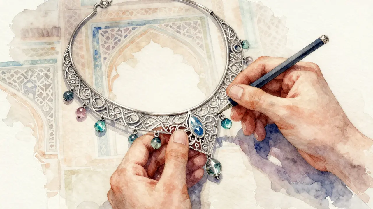 Artisan créant un collier en filigrane d'argent avec motifs omeyyads.