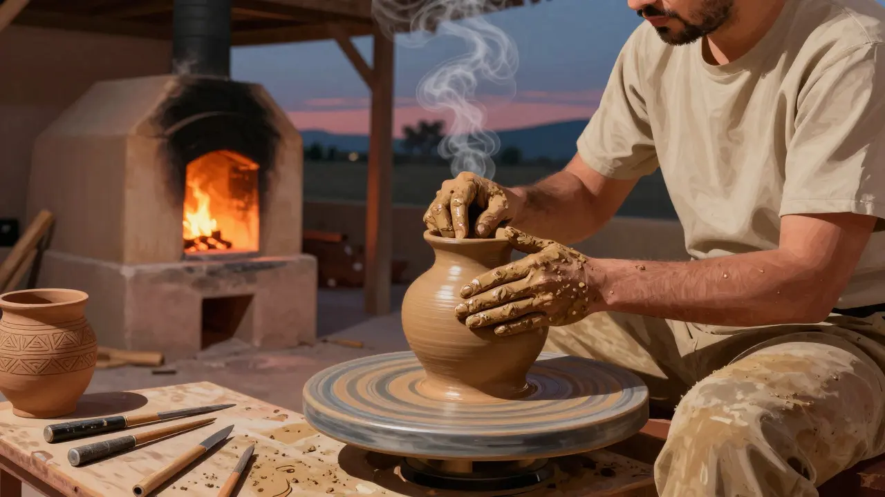 Artisan modelant une jarre en argile sur un tour à pied, près d'un four à bois en pleine cuisson.