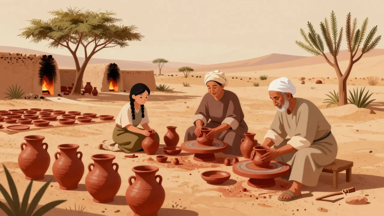 Atelier de poterie à Ghardaïa où plusieurs générations façonnent des jarres en argile rouge à la main, sans tour, sous un ciel désertique.