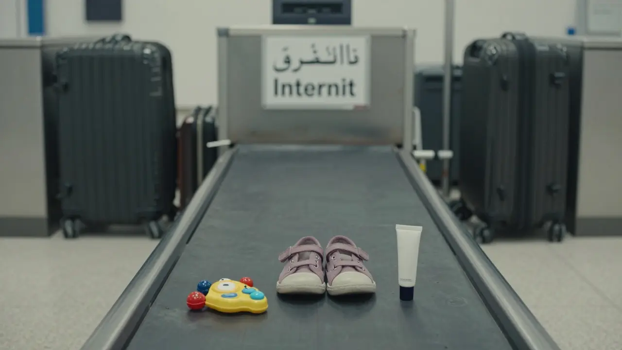 Au poste de sécurité d'un aéroport algérien, des objets interdits pour enfants et cosmétiques non étiquetés sont abandonnés sur un tapis roulant.