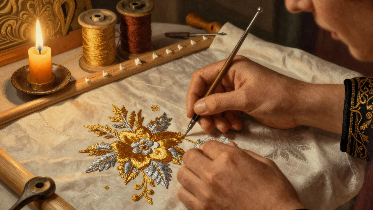 Brodeuse cousant des motifs floraux sur soie avec fils d'or.