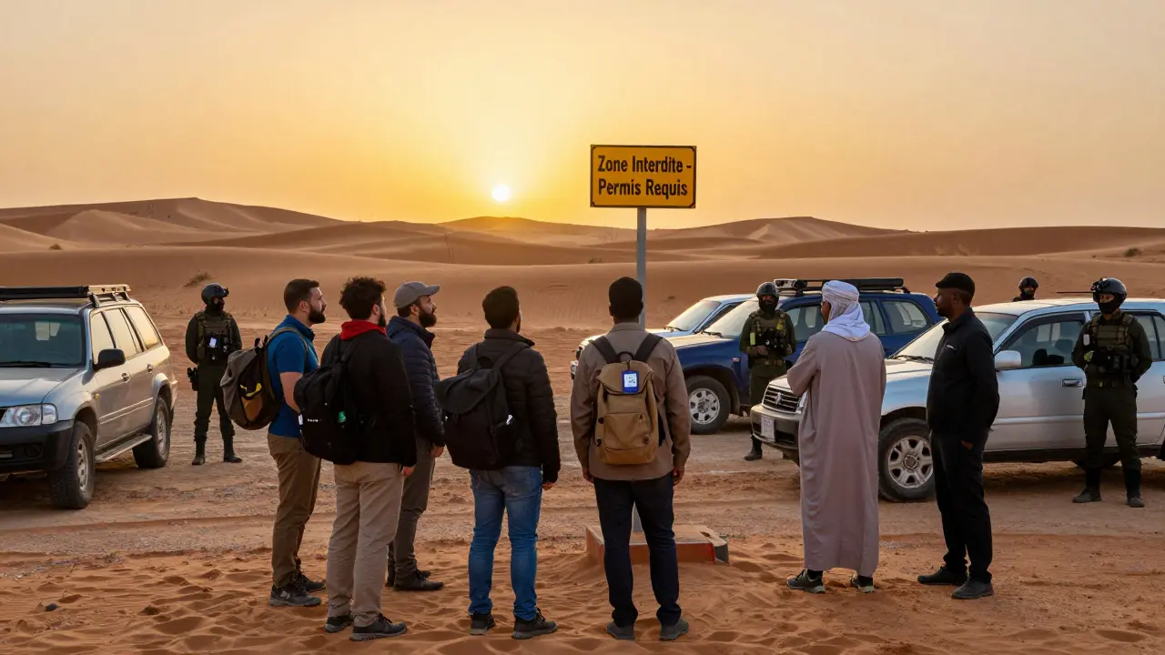 Des touristes bloqués à une frontière désertique avec un guide portant un badge numérique.