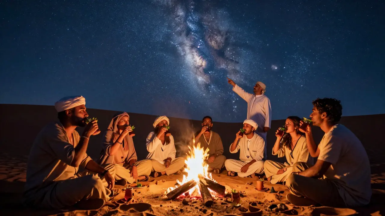 Des voyageurs autour d'un feu de camp la nuit dans le désert algérien, regardant les étoiles avec un guide berbère.