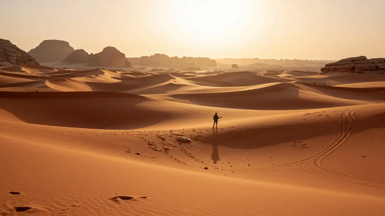 Dunes rouges infinies du désert d'Arabie sous un soleil écrasant.