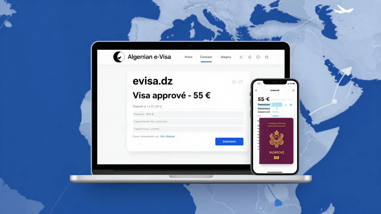 Écran d'ordinateur affichant le visa électronique algérien approuvé avec le site officiel evisa.dz.