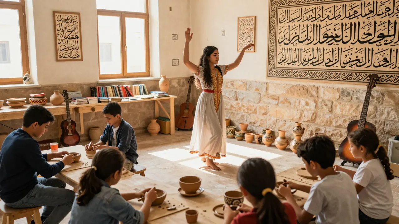 Enfants en atelier culturel à Sétif, façonnant de la poterie et dansant, entourés de calligraphies et d’instruments.