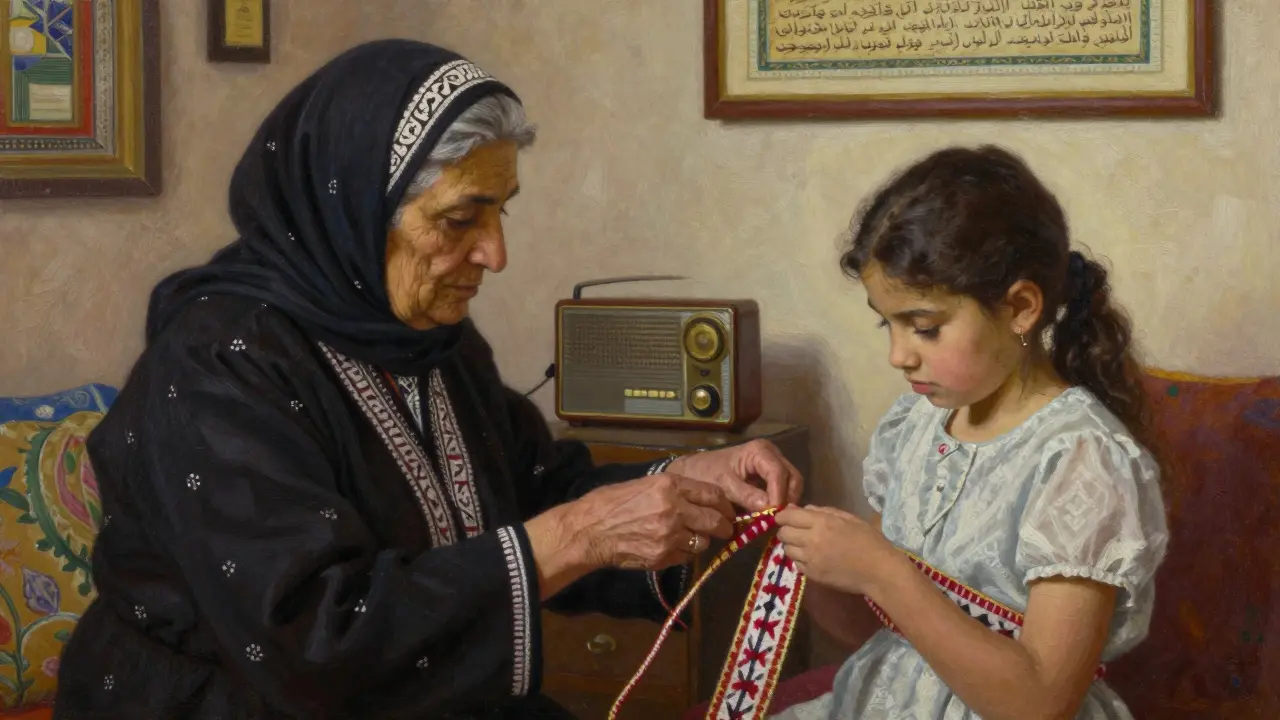 Femme âgée enseignant la tapisserie tifinagh à une jeune fille dans une maison d'Oran.