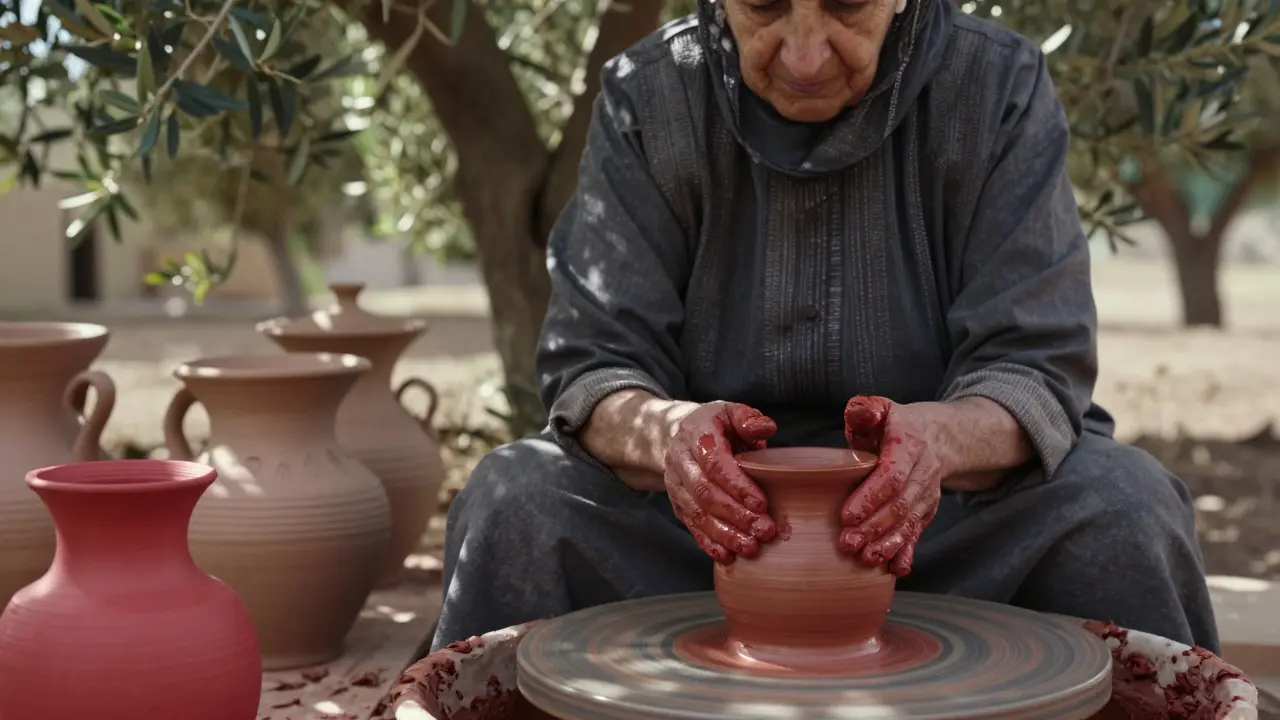 Femme kabyle façonnant un pot en argile à la main, sous la lumière des oliviers.