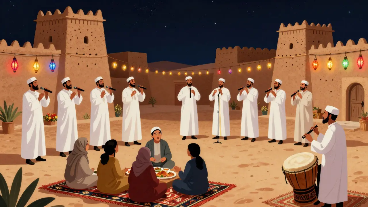 Festival du M’zab à Ghardaïa : chanteurs traditionnels sous les étoiles, lanternes colorées et familles réunies.