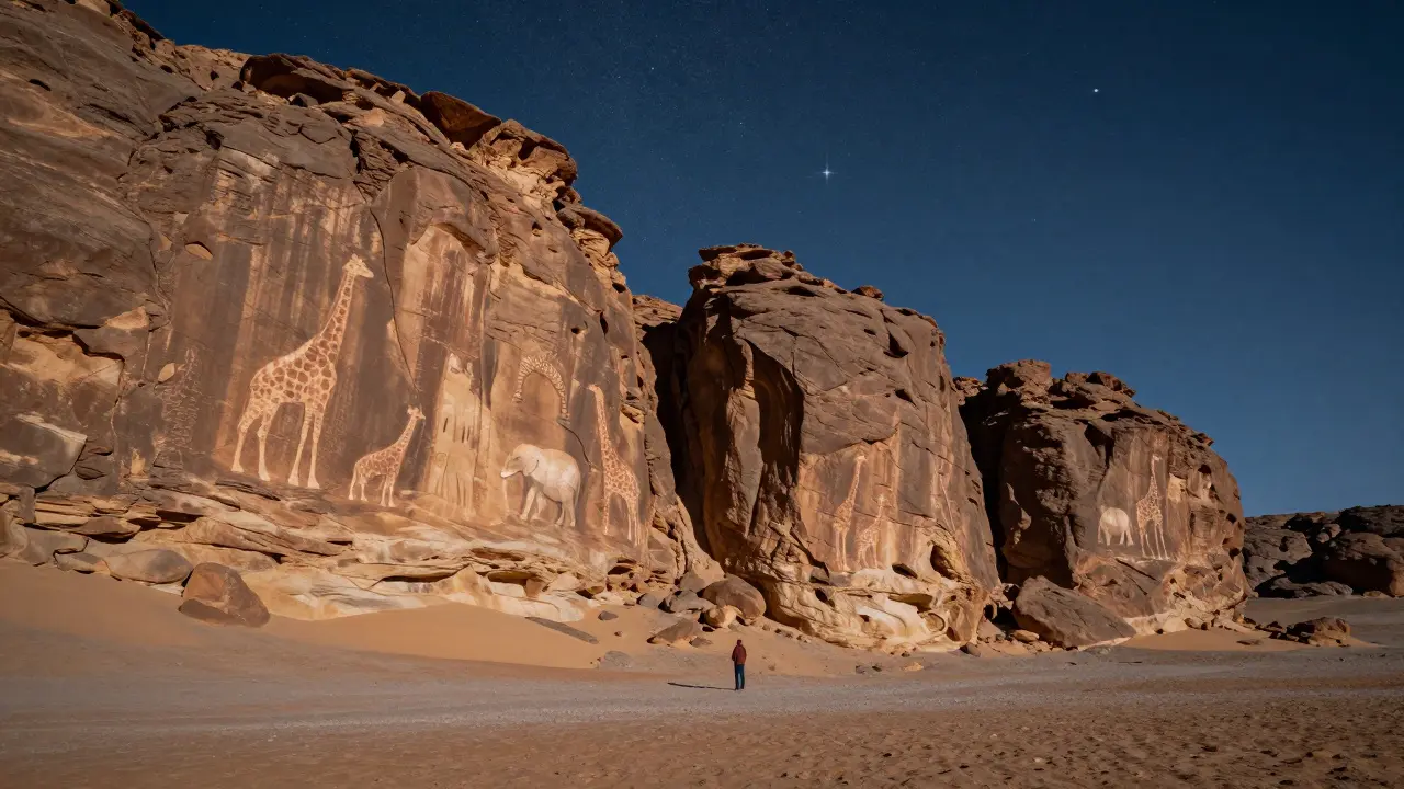 Formations rocheuses de Tassili n’Ajjer avec des peintures rupestres visibles sous un ciel étoilé.