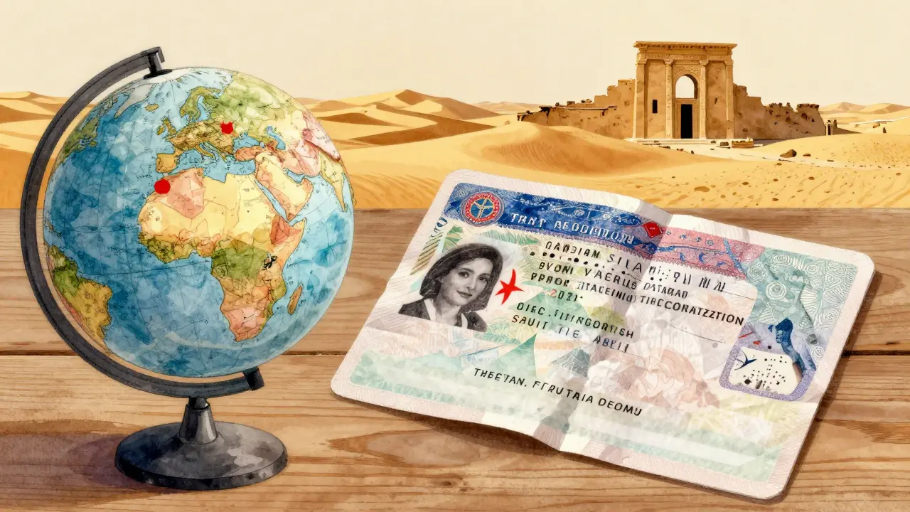 Formulaire de visa algérien à côté d'un guide touristique marocain, avec des ruines antiques en arrière-plan.
