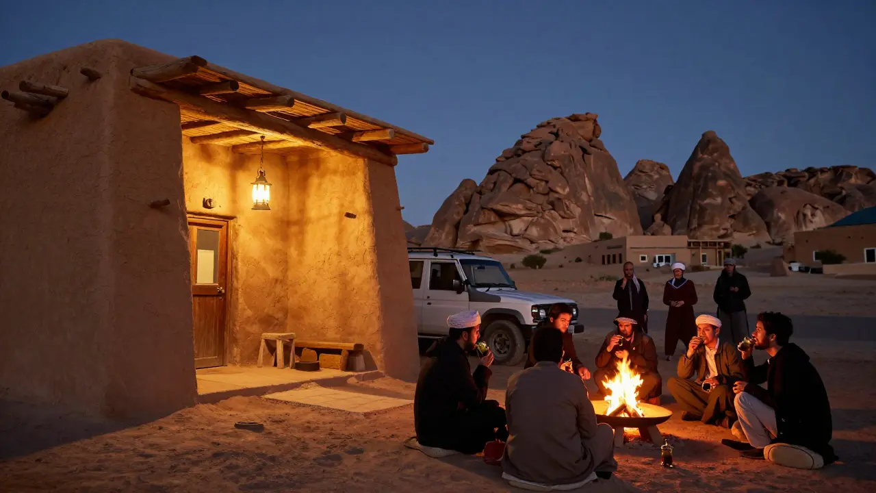 Groupe de voyageurs profitant du thé à la menthe près d'un feu de camp près des formations rocheuses de Tassili.