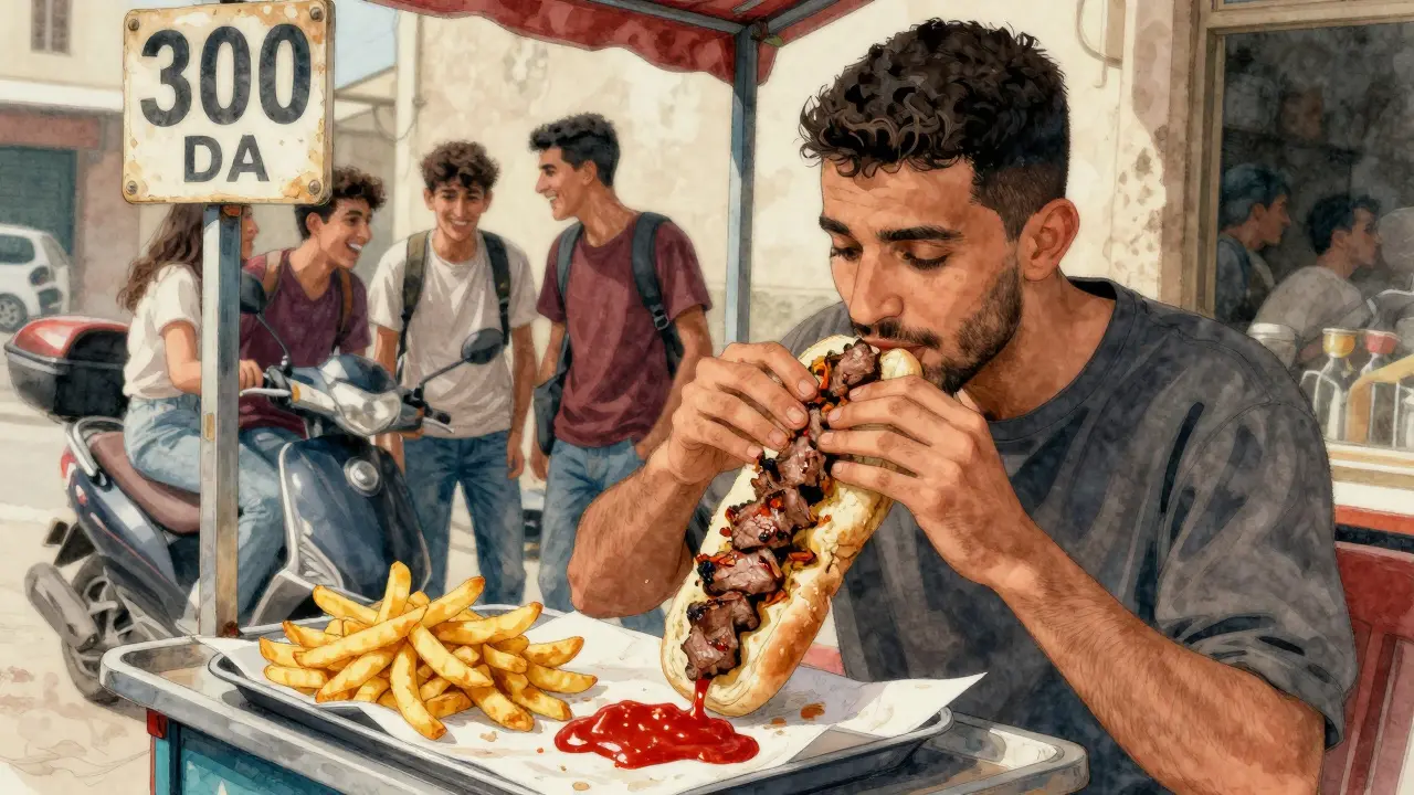 Homme algérien mangeant un kebab de rue avec frites et sauce, entouré de jeunes en ville.