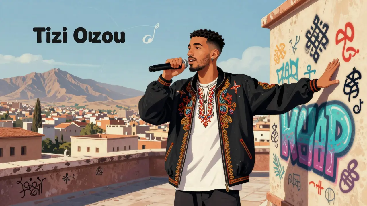 Jeune rappeur algérien sur un toit, mélangeant style urbain et broderie kabyle, avec des graffitis culturels en arrière-plan.