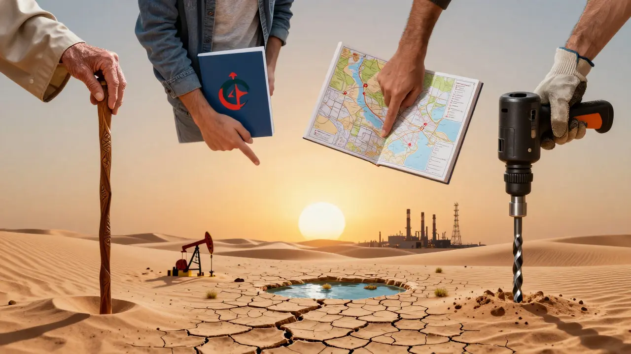 Mains symboliques représentant les différents acteurs du Sahara : Touareg, étudiant, touriste et mineur, au-dessus d’un paysage désertique fragmenté.