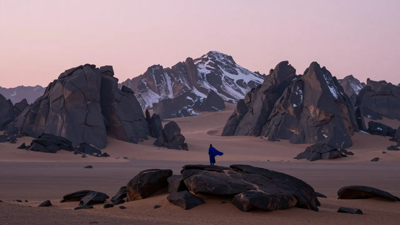 Montagnes du Hoggar au lever du jour, avec des sommets enneigés et une figure touarègue isolée.