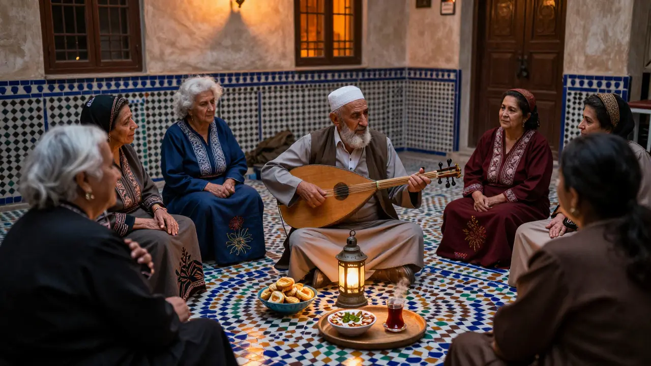 Musicien jouant de l'oud dans une cour andalouse à Mostaganem, entouré d'auditeurs sous des lanternes.