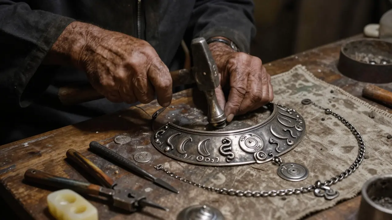 Orfèvre berbère martelant un collier en argent avec des outils anciens dans une pièce sombre.