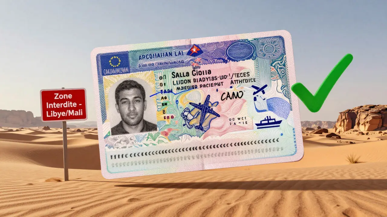 Passeport avec visa algérien au-dessus du Sahara, avec zones interdites et moyens de transport indiqués.