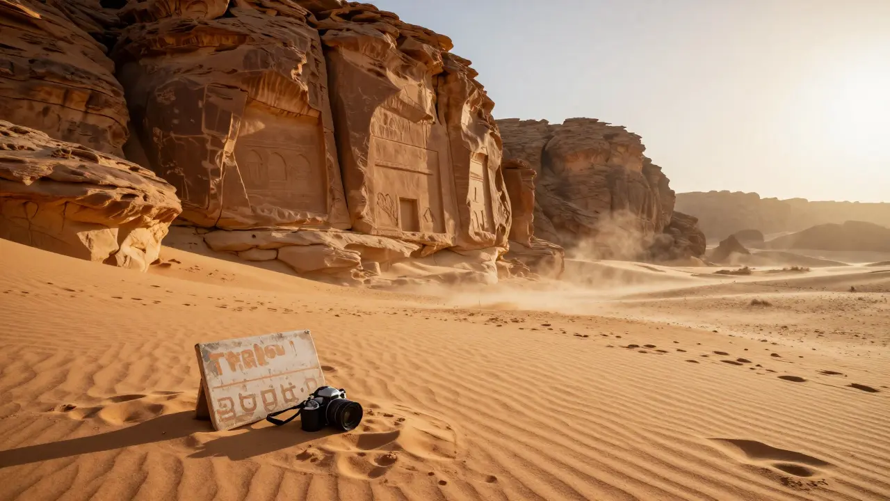 Paysage désertique de Tassili n’Ajjer avec une caméra abandonnée et un panneau illisible.