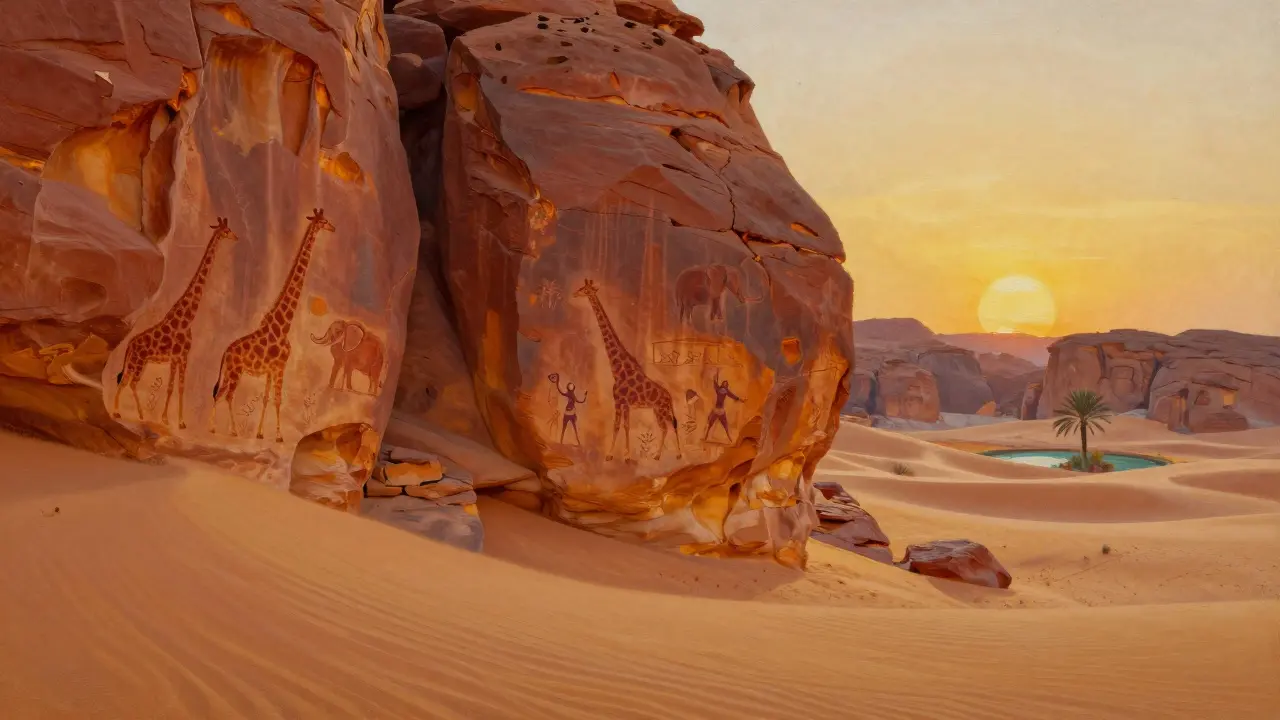Peintures rupestres anciennes sur falaises du Tassili n'Ajjer en Algérie.