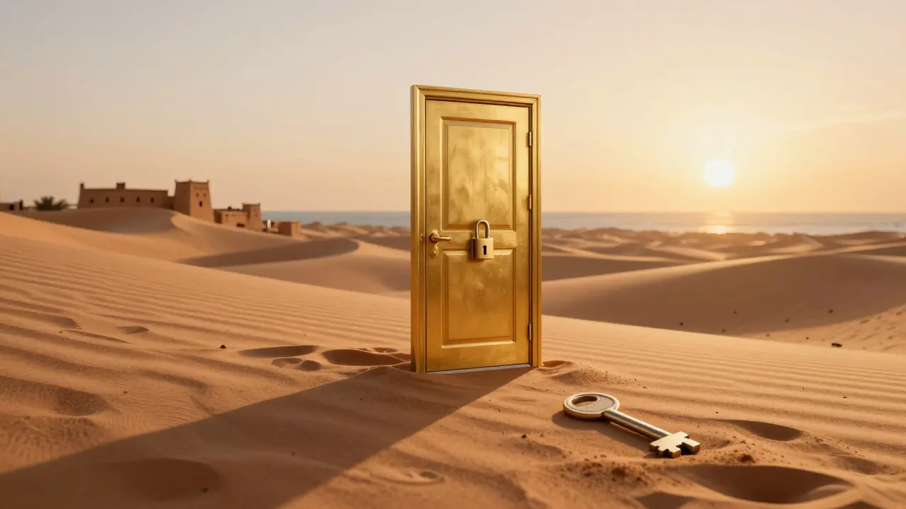Porte dorée cachée dans les dunes du Sahara, une clé en forme de visa à ses pieds.