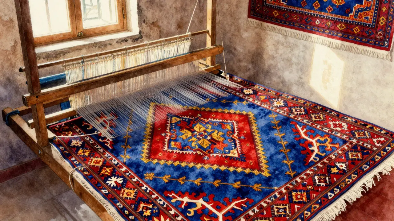 Tisserand tissant un tapis géométrique coloré, lumière naturelle.