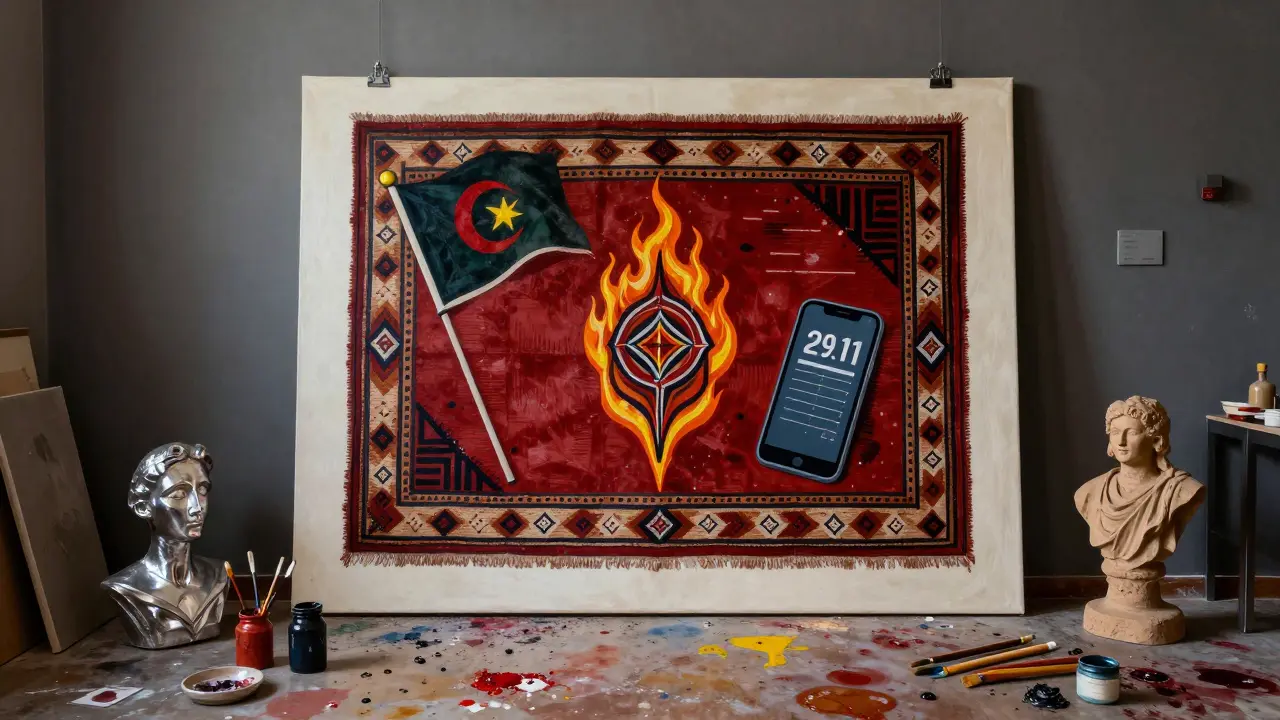 Toile contemporaine algérienne mêlant motifs berbères et symboles modernes dans un atelier d'artiste.