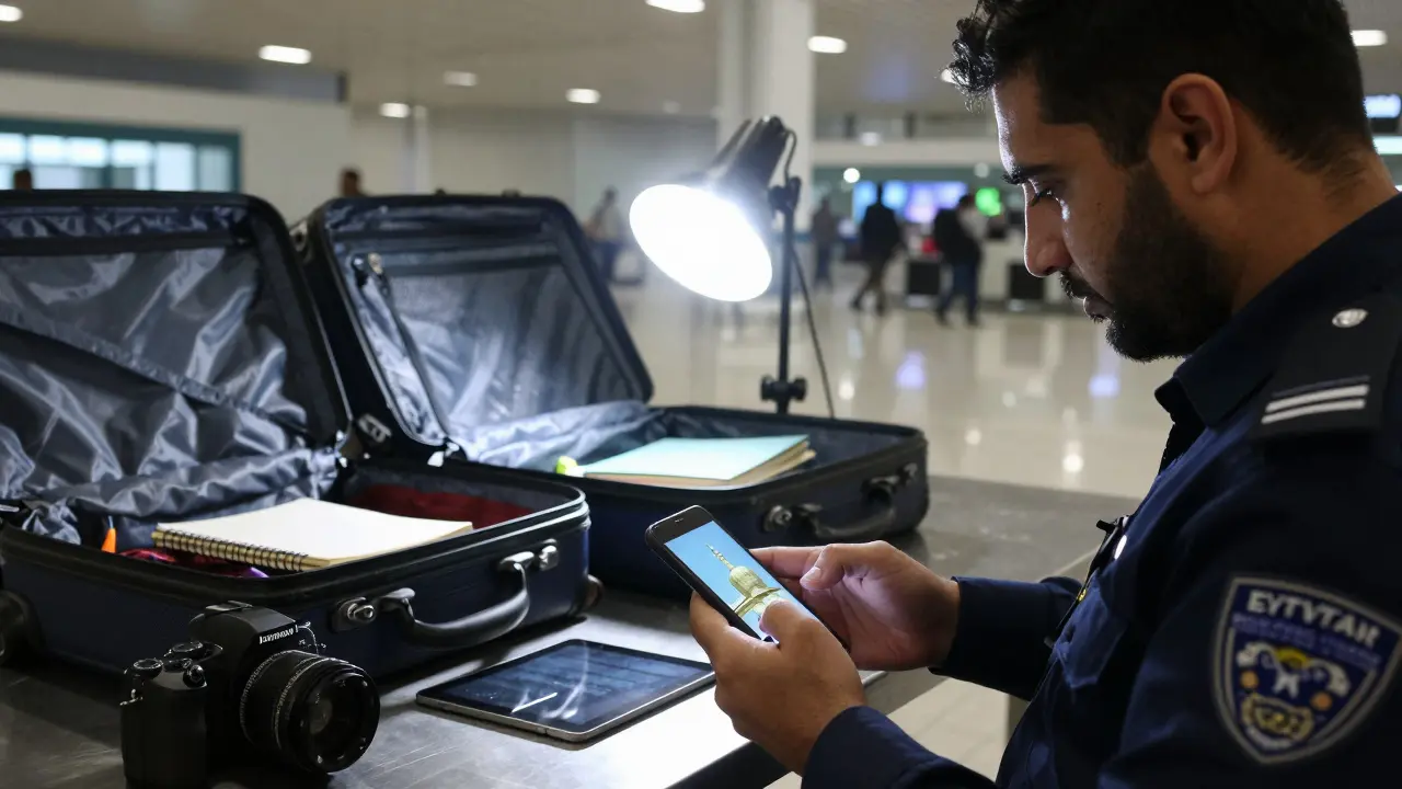 Un agent de douane examine un téléphone portable d'un voyageur dans un aéroport algérien.